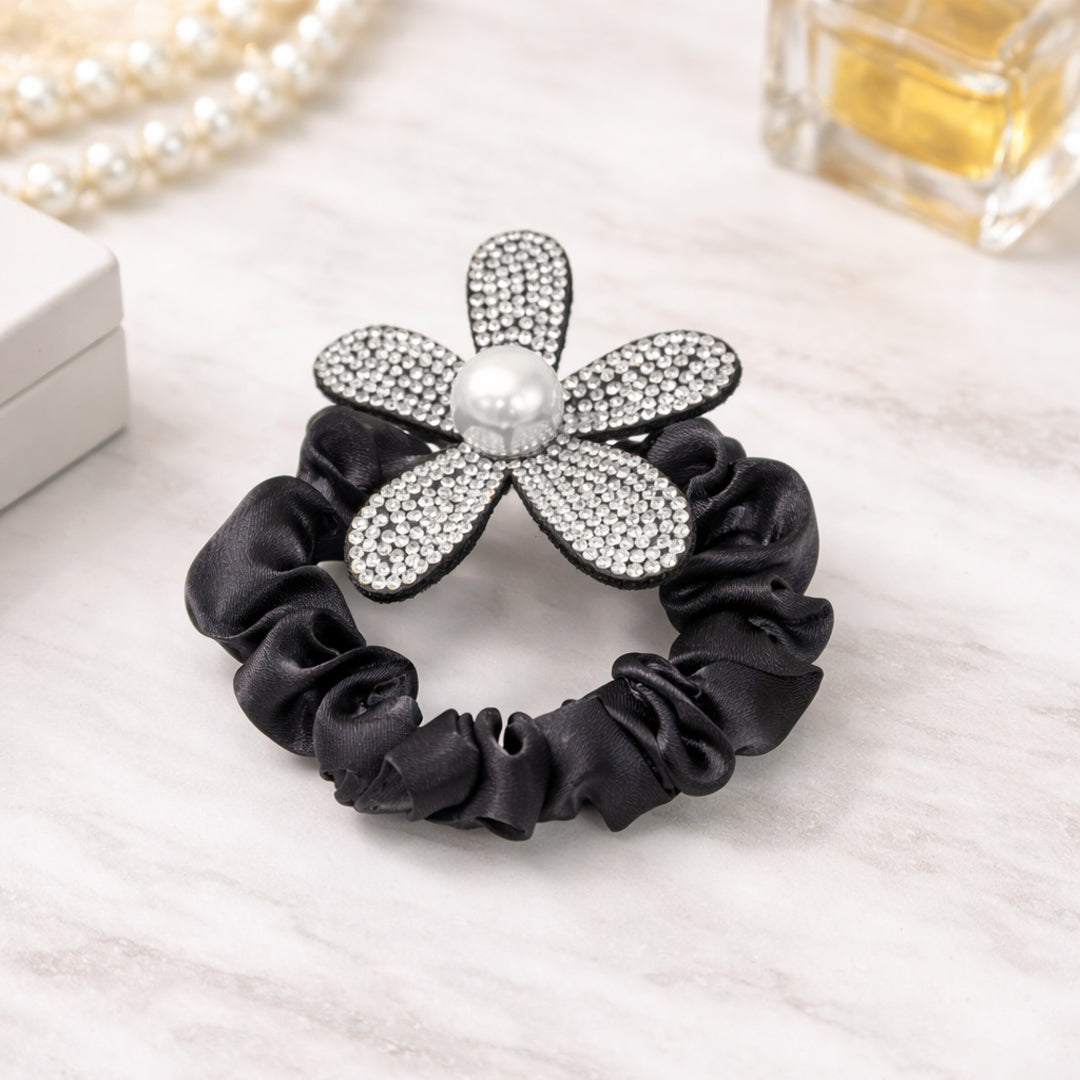 Luxury Rhinestone Flower Satin Scrunchie with Pearl Center – Elegant Hair Accessory for Women & Girls