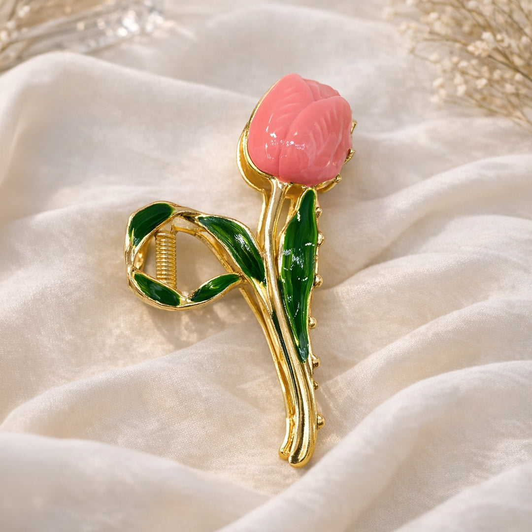 Elegant Pink Tulip Hair Claw Clip – Gold Tone Floral Hair Clip with Green Enamel Leaves | Stylish Women’s Hair Accessory