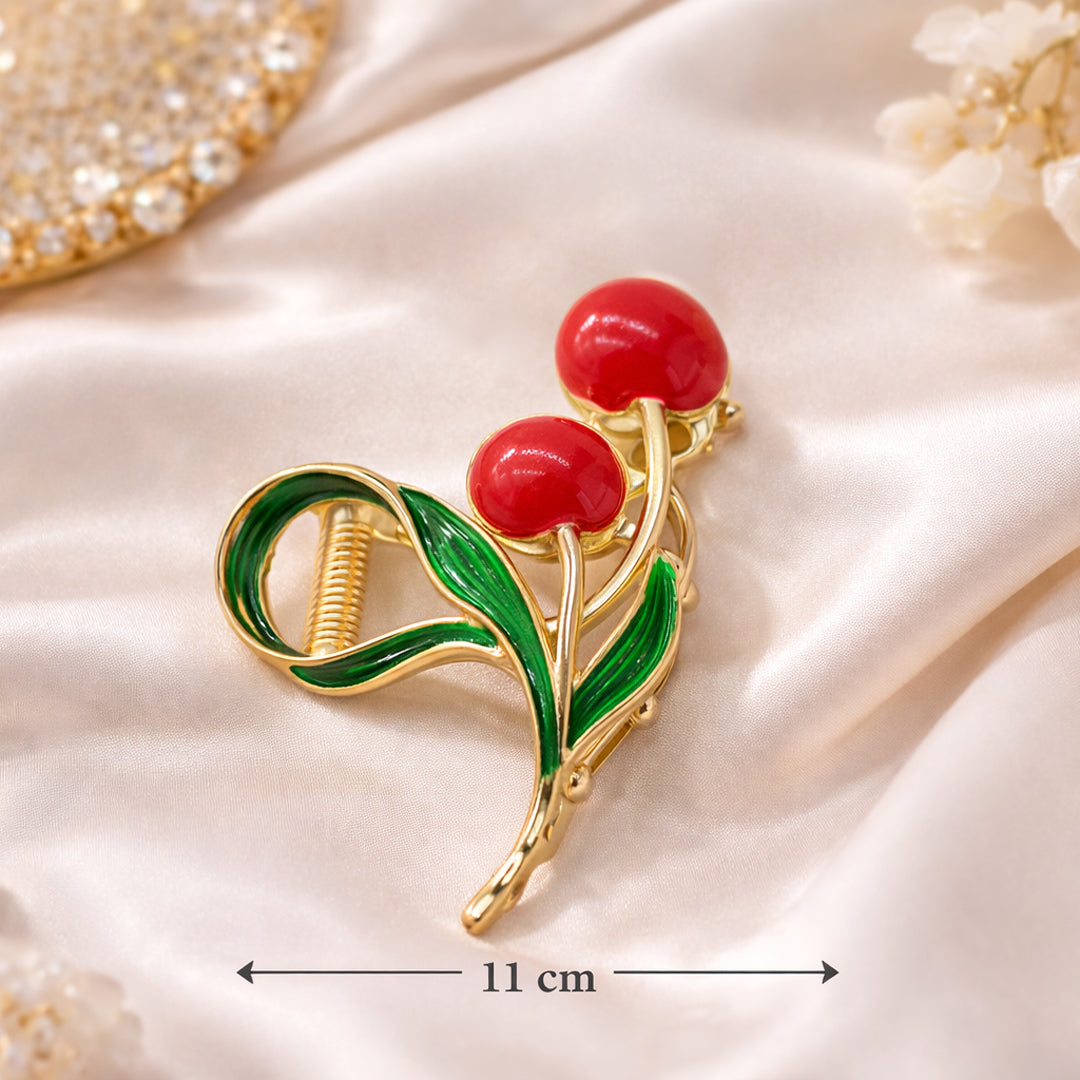 Cherry Hair Claw Clip for Women – Gold Metal Hair Clamp with Red Cherry & Green Leaf Design 11 cm Elegant Hair Accessory