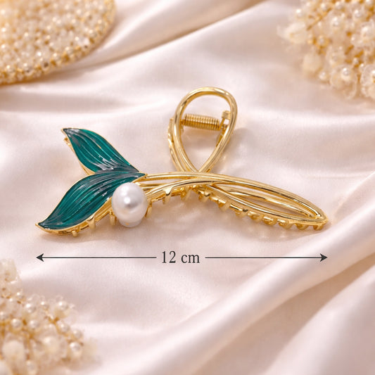 Elegant Leaf Pearl Hair Claw Clip – Gold Metal Hair Clamp with Green Enamel Leaf & Pearl Design – Hair Accessory for Women & Girls