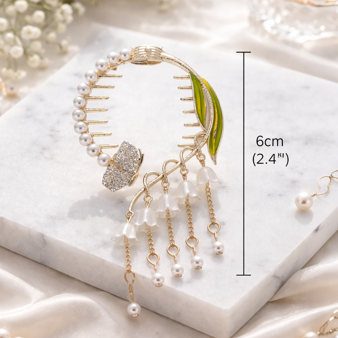 Elegant Pearl & Butterfly Tassel Hair Clip – Gold Plated Floral Hair Accessory for Women