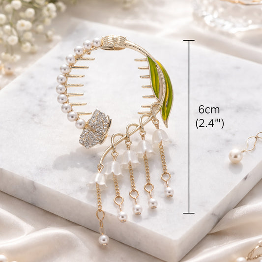 Elegant Pearl & Butterfly Tassel Hair Clip – Gold Plated Floral Hair Accessory for Women