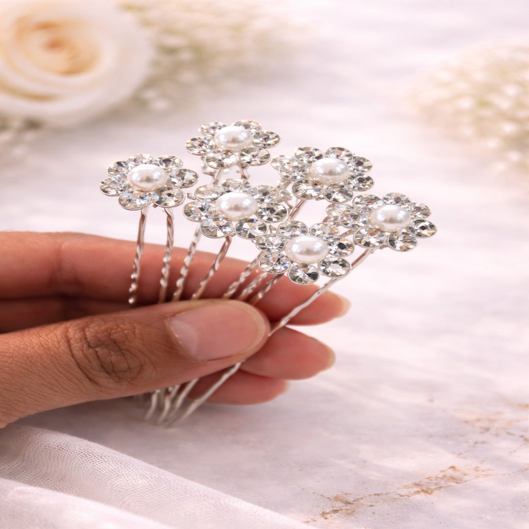 Crystal & Pearl Floral Hair Pins Set – Pack of 12 Bridal Wedding Hair Accessories