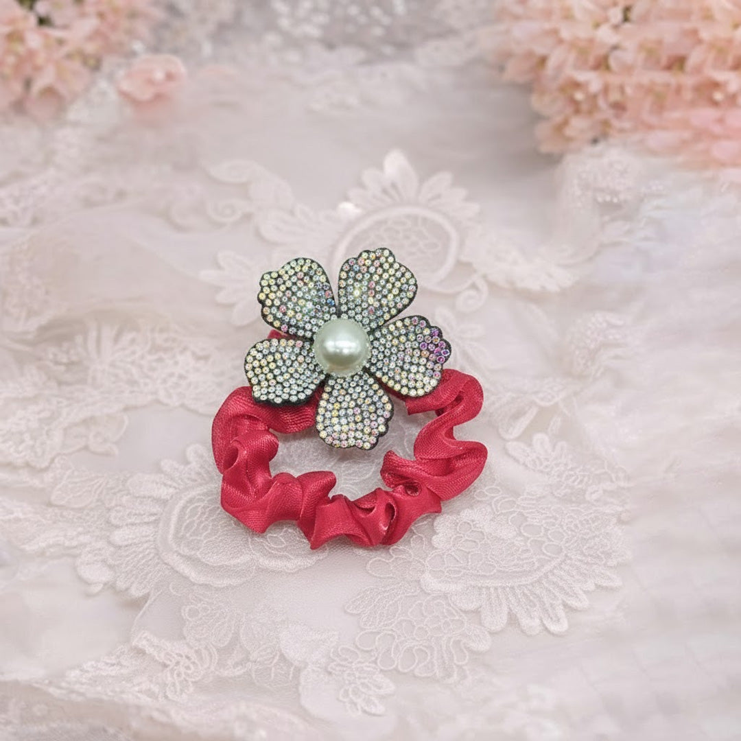Pack of 12 Pearl & Rhinestone Floral Hair Scrunchies Set