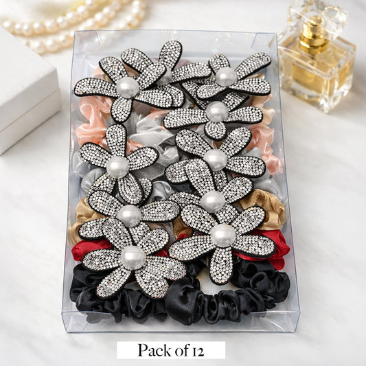 Luxury Rhinestone Flower Satin Scrunchie with Pearl Center – Elegant Hair Accessory for Women & Girls