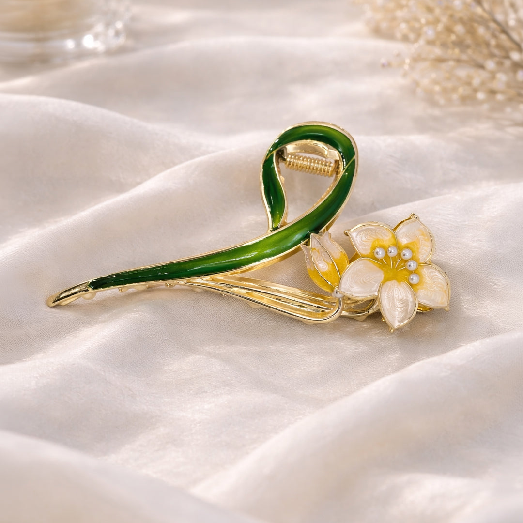 Elegant Lily Flower Hair Clip – Gold Tone Floral Hair Barrette with Green Enamel Stem & Pearl Detail  Women’s Decorative Hair Accessory