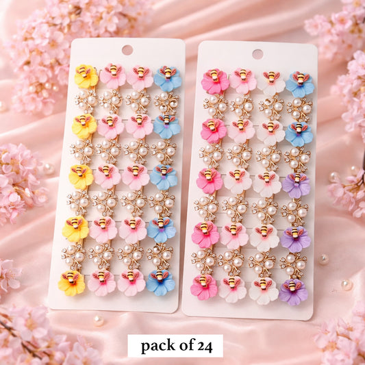 Colorful Bee & Flower Hair Clips – Pack of 24, Decorative Floral Hair Accessories with Pearls and Rhinestones for Girls & Women