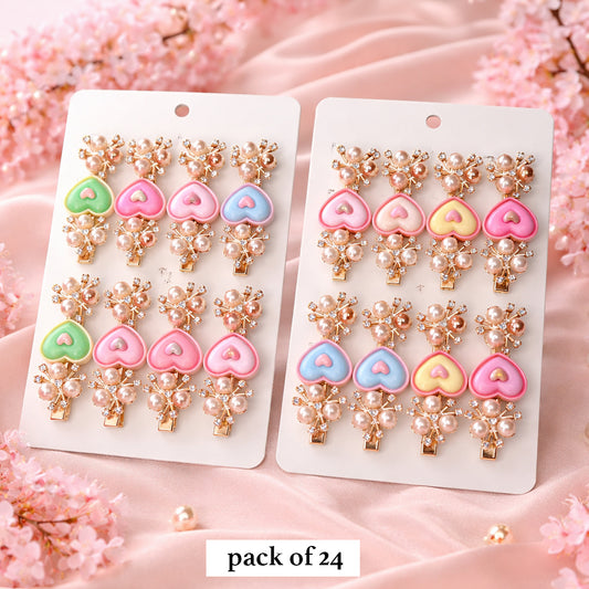 Pastel Heart Hair Clips with Pearls & Rhinestones – Pack of 24 Decorative Hair Accessories for Girls & Women