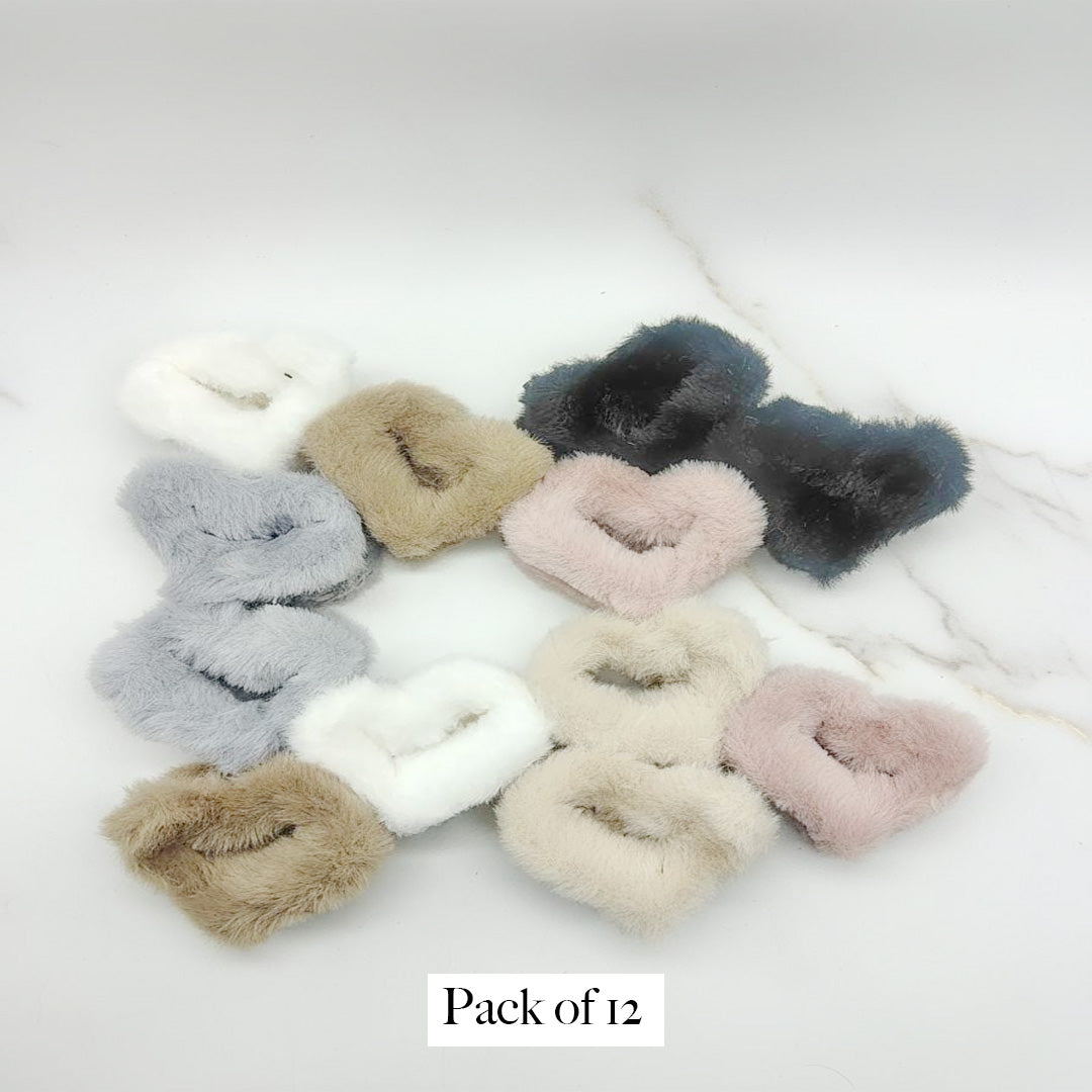Faux Fur Heart Claw Clips – Pack of 12 Soft Plush Hair Accessories for Women & Girls