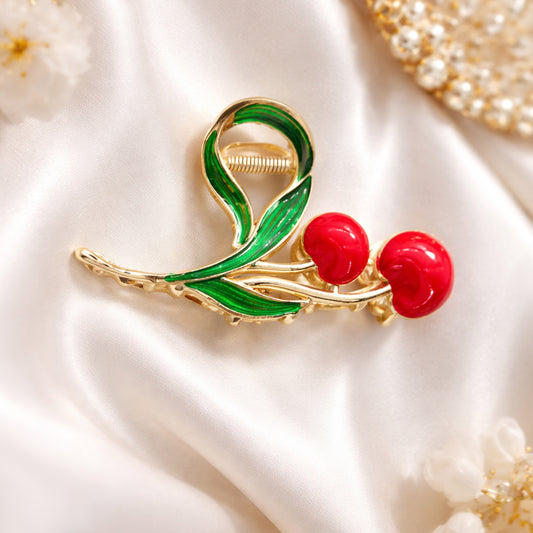 Cherry Hair Claw Clip for Women – Gold Metal Hair Clamp with Red Cherry & Green Leaf Design  11 cm Elegant Hair Accessory
