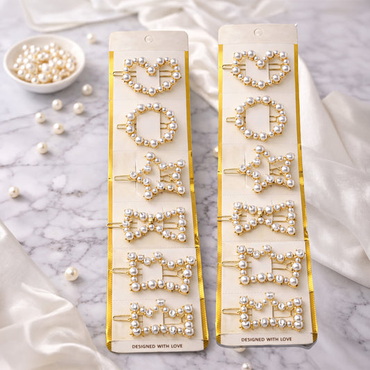 Elegant Pearl Shape Hair Clip Set – Heart, Star, Circle & Bow Gold Hair Pins for Women
