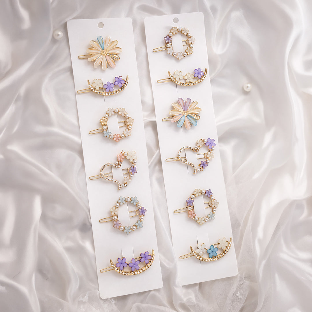 Pastel Floral Hair Clip Set – Elegant Gold & Pearl Hair Pins For girls pack of 12