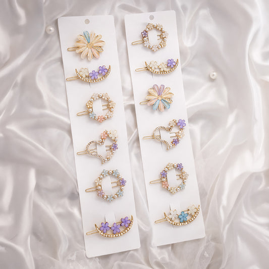 Pastel Floral Hair Clip Set – Elegant Gold & Pearl Hair Pins For girls pack of 12