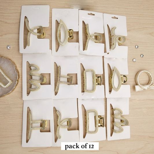 Luxury Gold-Plated Rhinestone Hair Claw Clip Set - 12 Pack Multi-Shape Sparkly Metal Hair Clamps for Wedding, Party & Casual Wear
