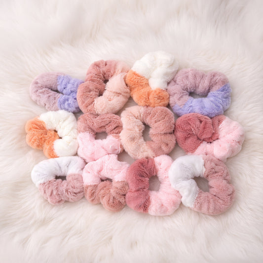 Soft Plush Hair Scrunchie – Dual Color Faux Fur Elastic for girls pack of 12