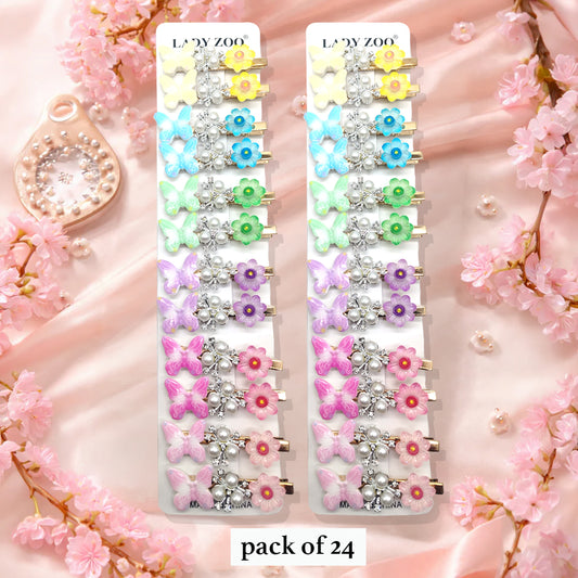 Pack of 24 Pastel Butterfly & Floral Hair Clips for Girls – Cute Decorative Snap Barrettes Set