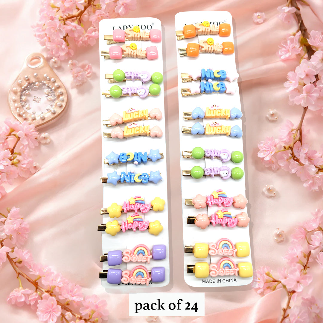 Cute Word & Rainbow Snap Hair Clips – Pack of 24 Colorful Cartoon Barrettes for Girls