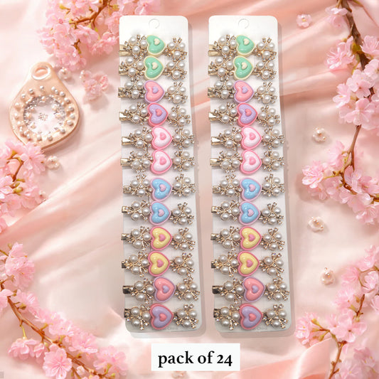 Pastel Heart Hair Clips with Pearls & Rhinestones – Pack of 24 Decorative Hair Accessories for Girls & Women