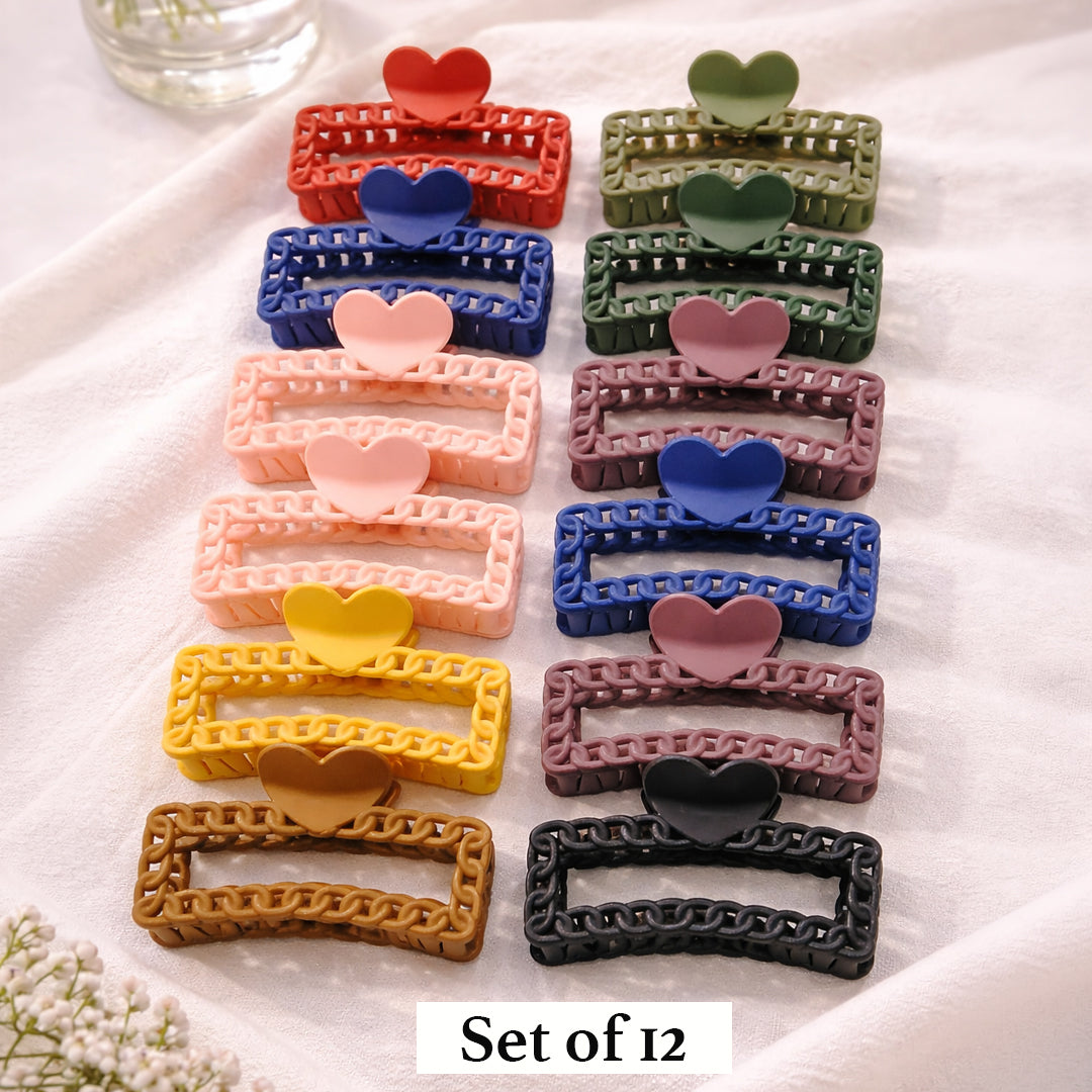 Matte Heart Chain Claw Clips – Pack of 12 Trendy Rectangle Hair Accessories for Women & Girls