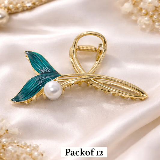 Elegant Leaf Pearl Hair Claw Clip – Gold Metal Hair Clamp with Green Enamel Leaf & Pearl Design – Hair Accessory for Women & Girls