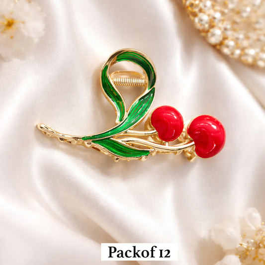 Cherry Hair Claw Clip for Women – Gold Metal Hair Clamp with Red Cherry & Green Leaf Design  11 cm Elegant Hair Accessory