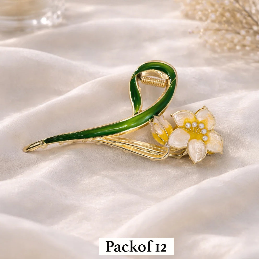 Elegant Lily Flower Hair Clip – Gold Tone Floral Hair Barrette with Green Enamel Stem & Pearl Detail  Women’s Decorative Hair Accessory