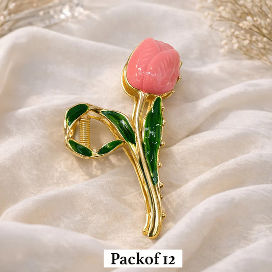Elegant Pink Tulip Hair Claw Clip – Gold Tone Floral Hair Clip with Green Enamel Leaves | Stylish Women’s Hair Accessory
