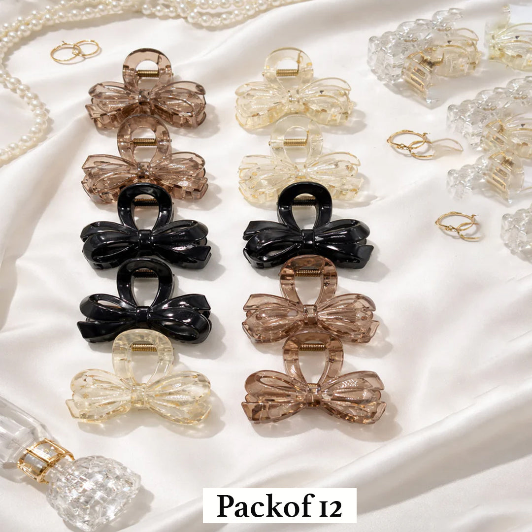 Elegant Bow Claw Hair Clips – Pack of 12 Glossy & Transparent Hair Accessories for Women