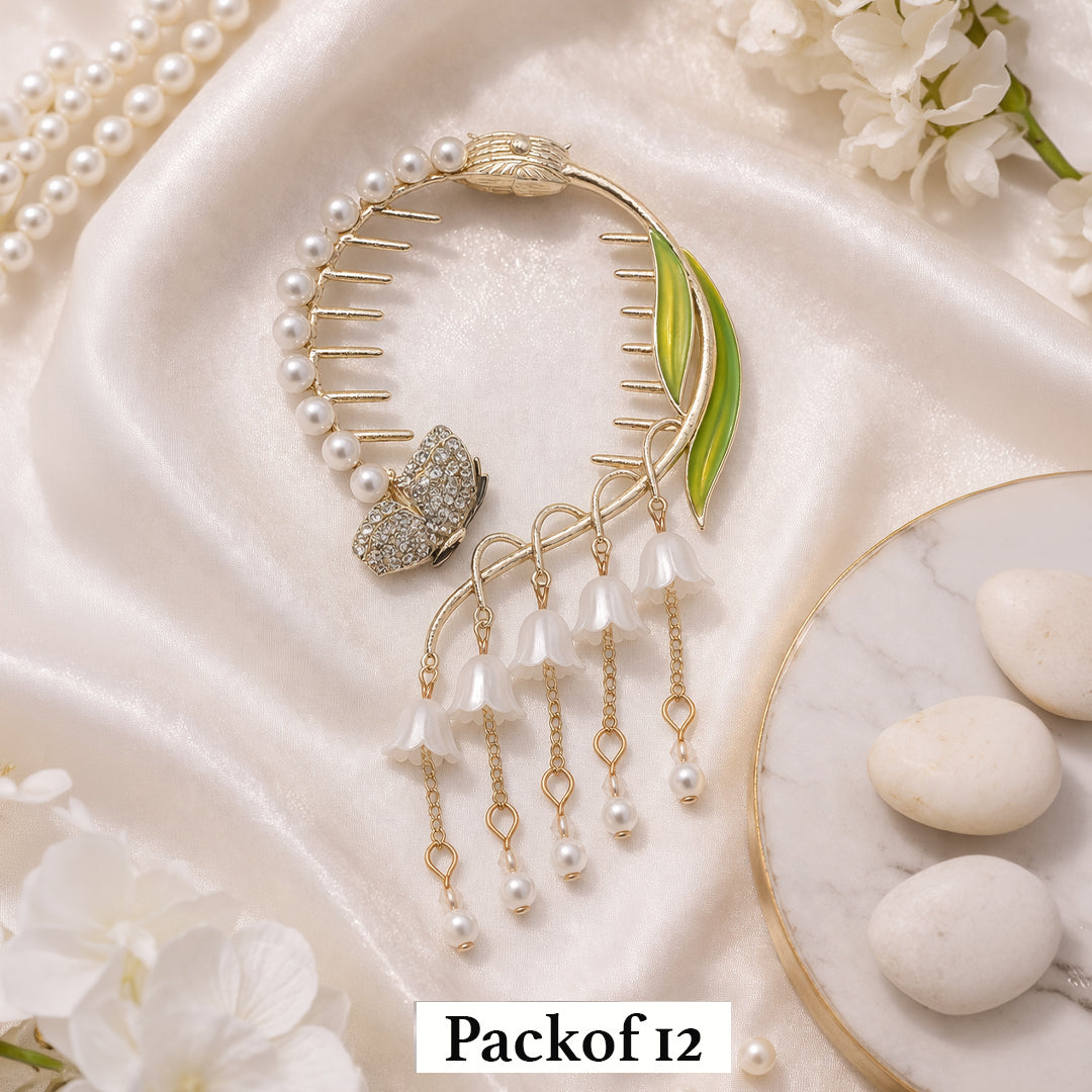 Elegant Pearl & Butterfly Tassel Hair Clip – Gold Plated Floral Hair Accessory for Women