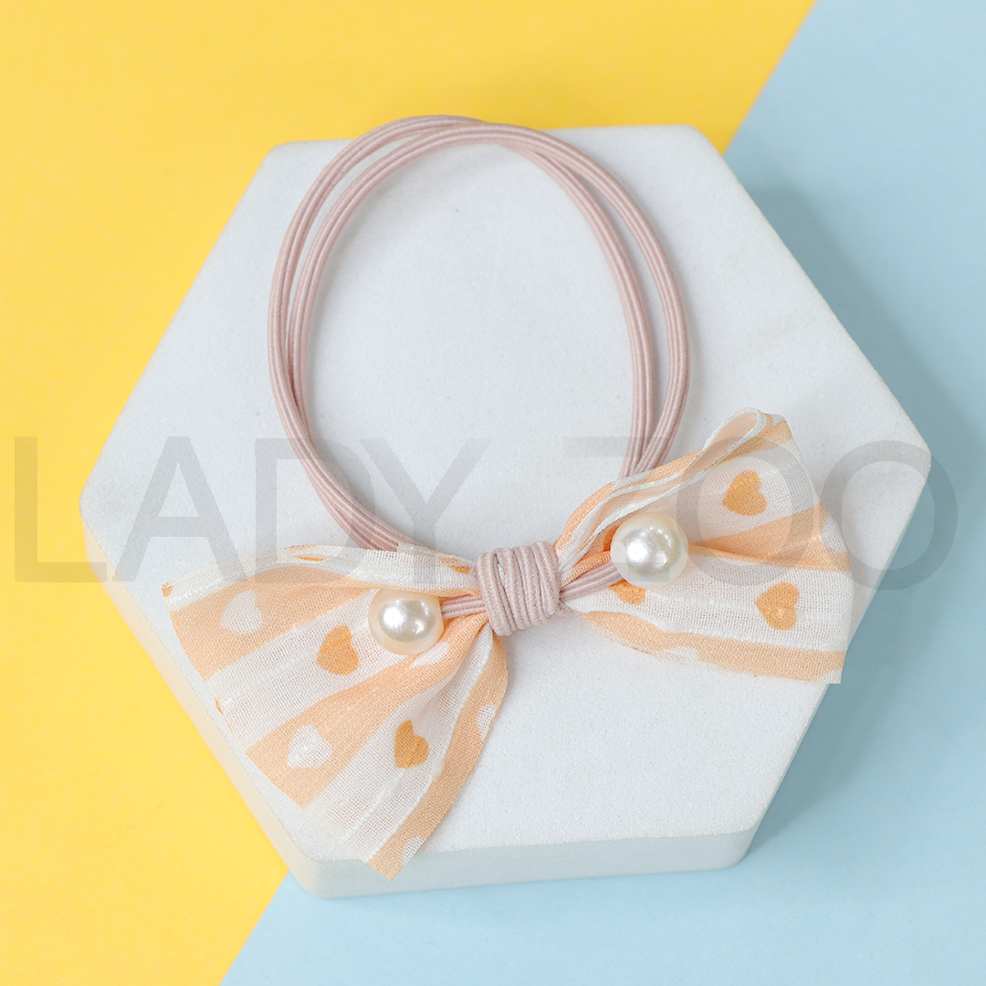 Bow Printed Pearl Double Layer Colorfull Elastic Rubber Band For Girls