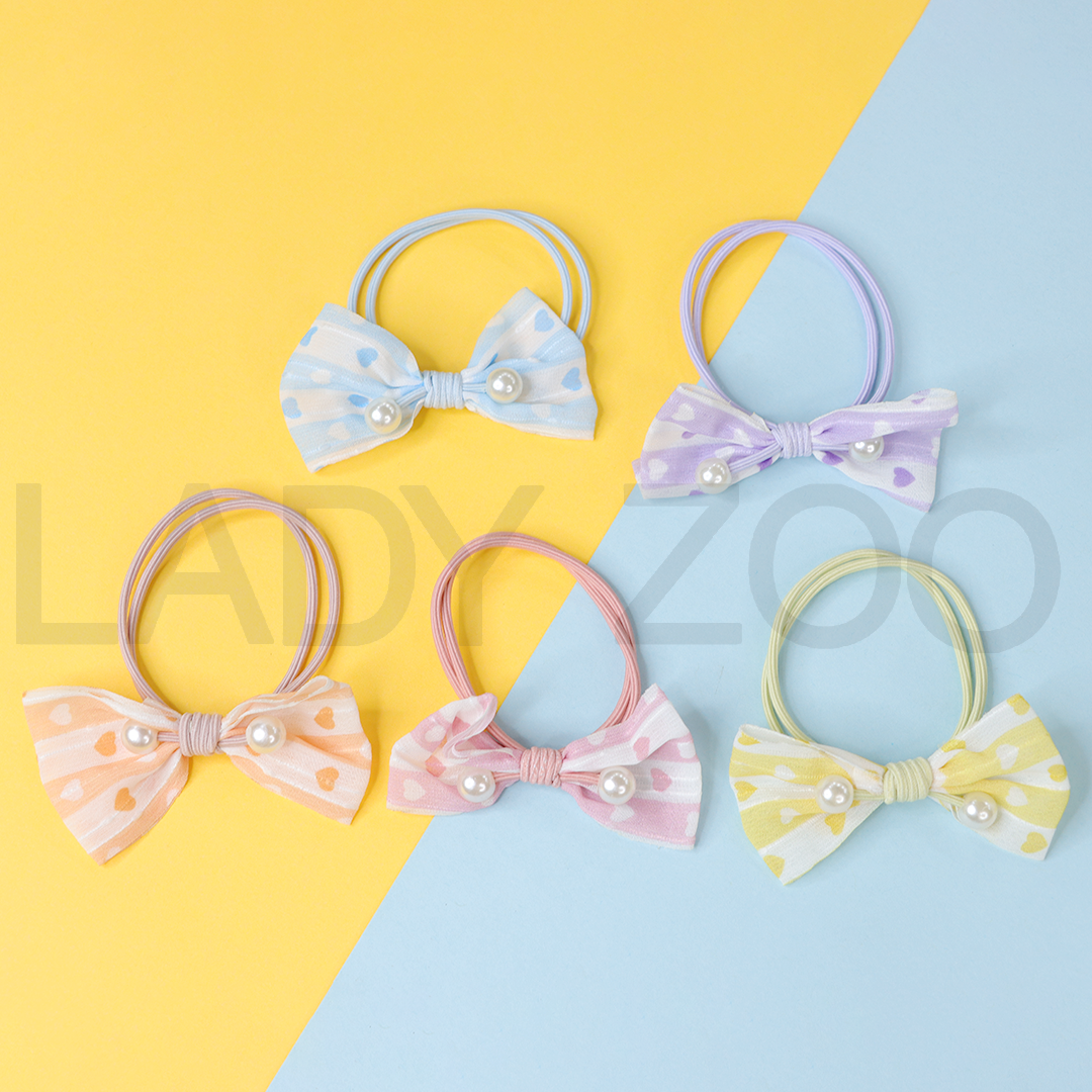 Bow Printed Pearl Double Layer Colorfull Elastic Rubber Band For Girls