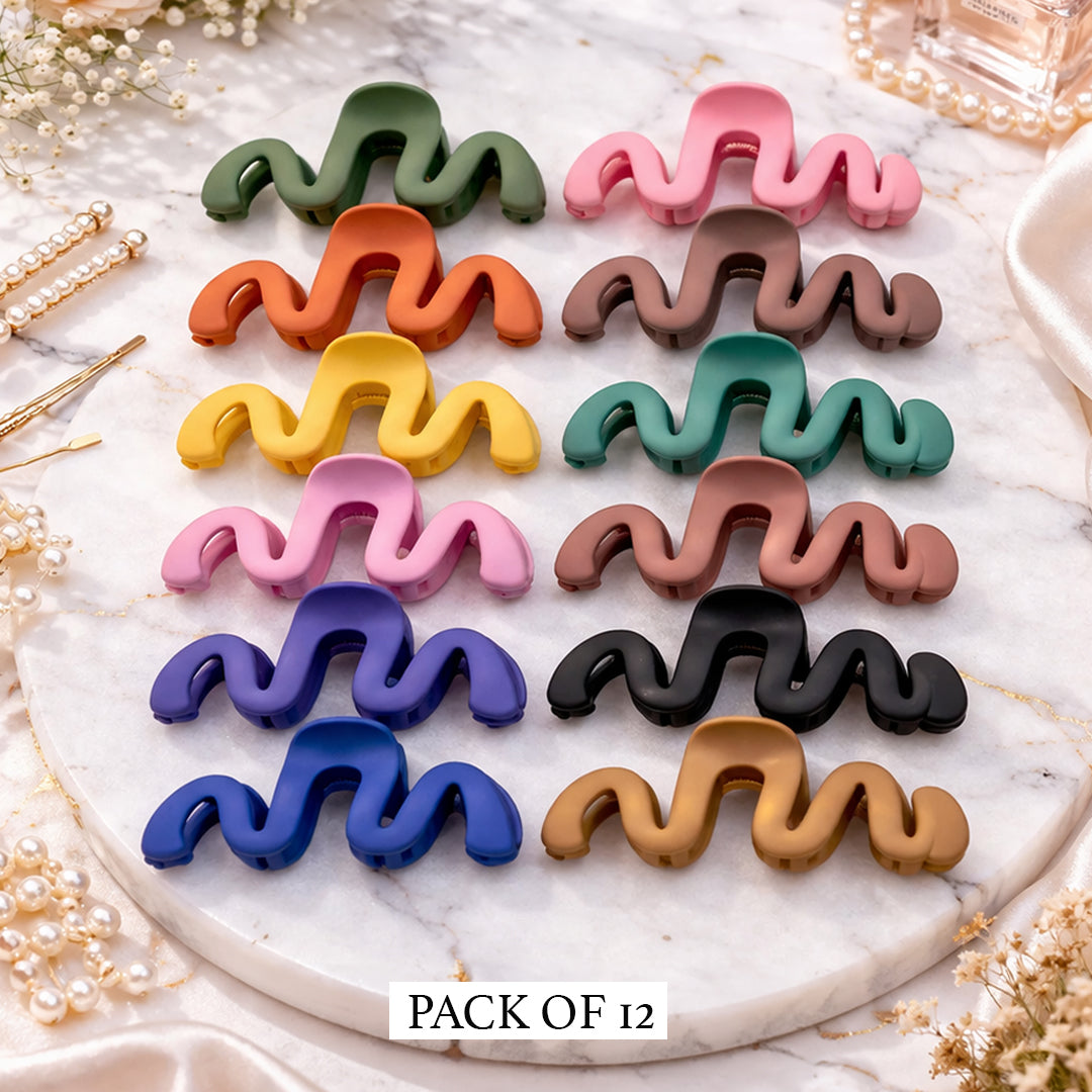 Matte Wavy Claw Hair Clips – Pack of 12 Colorful Zigzag Hair Clamps for Women & Girls