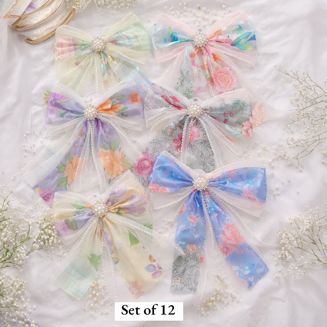Elegant Floral Organza Bow Hair Clips with Pearl Tassels – Premium Designer Hair Accessories for Girls & Women
