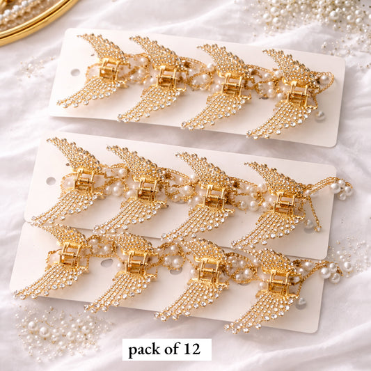 Luxury Gold Rhinestone Hair Claw Clips with Pearl Chain – Elegant Designer Hair Accessories for Women