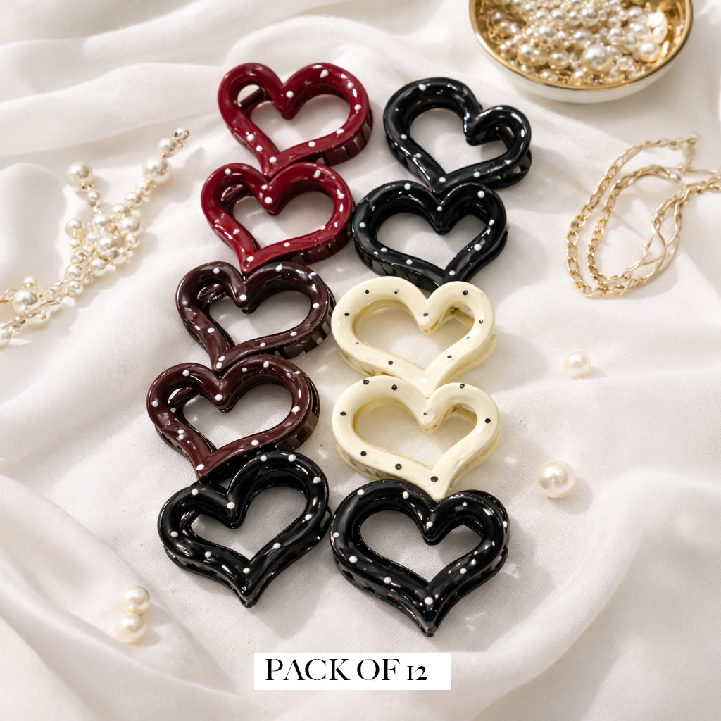Pack of 12 Heart Shape Hair Claw Clips for Girls & Women, Glossy Finish with Polka Dots, Strong Grip Hair Accessories