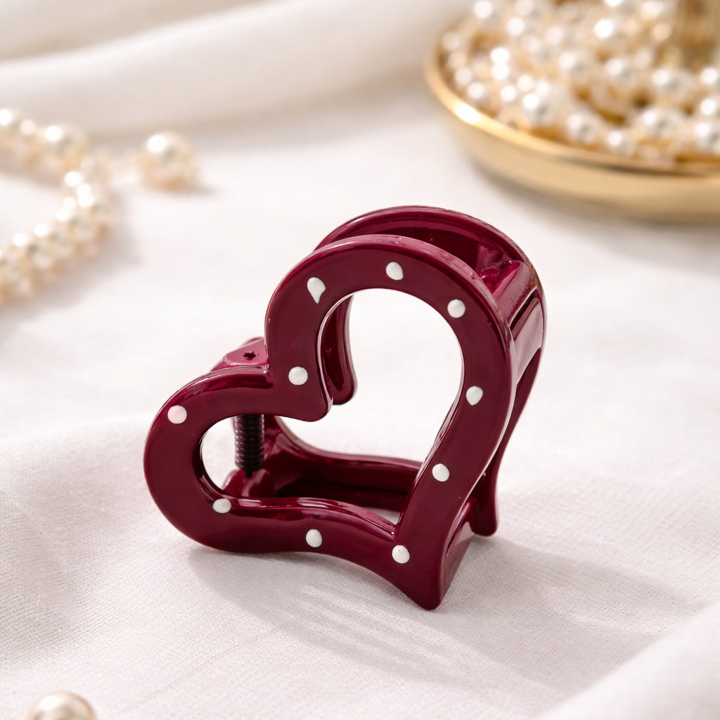 Pack of 12 Heart Shape Hair Claw Clips for Girls & Women, Glossy Finish with Polka Dots, Strong Grip Hair Accessories