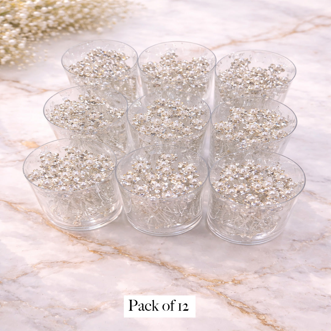 Crystal & Pearl Floral Hair Pins Set – Pack of 12 Bridal Wedding Hair Accessories