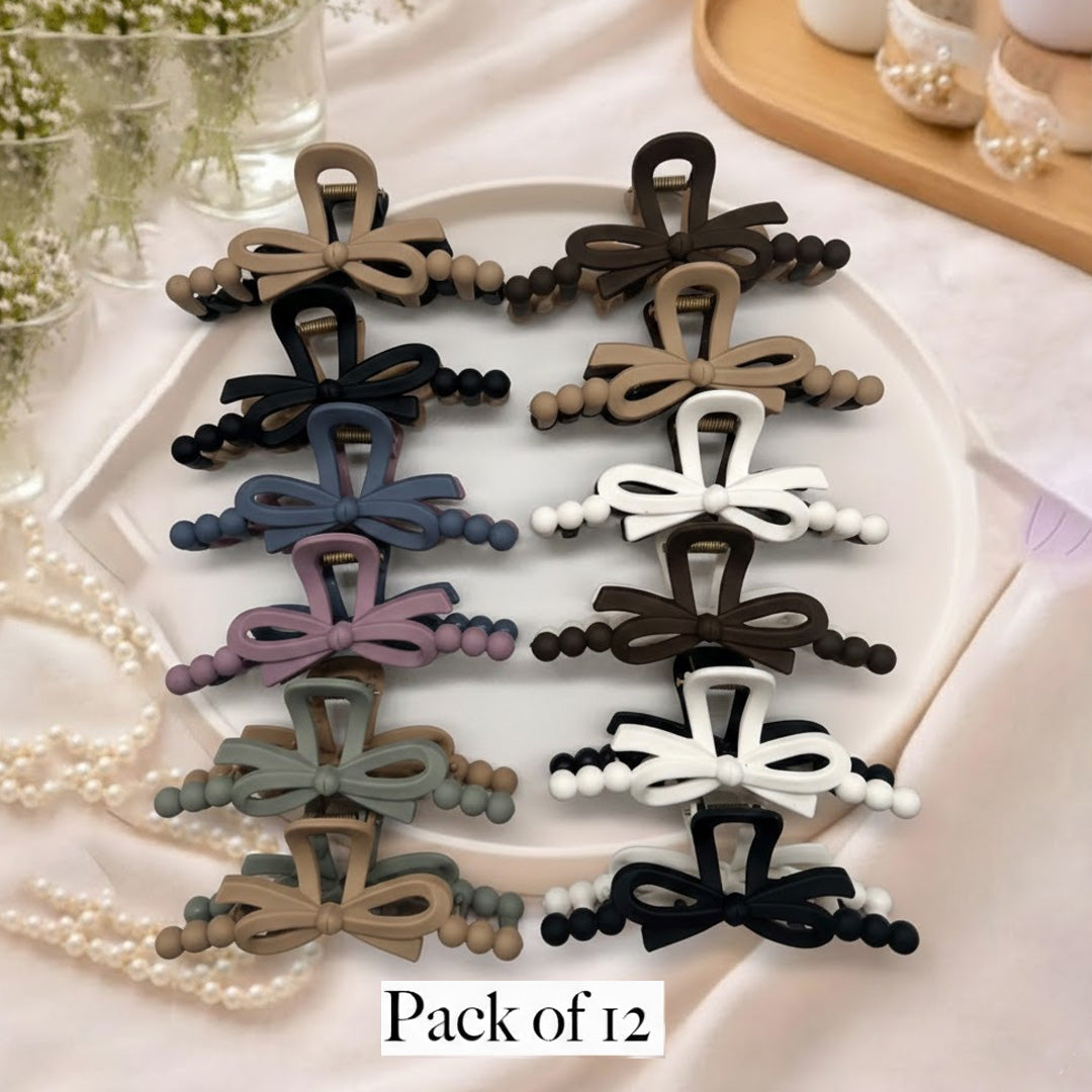 Bow Beads Design Hair Claw Clips for Women & Girls (Pack of 12) – Matte Finish, Strong Grip Stylish Hair Accessories