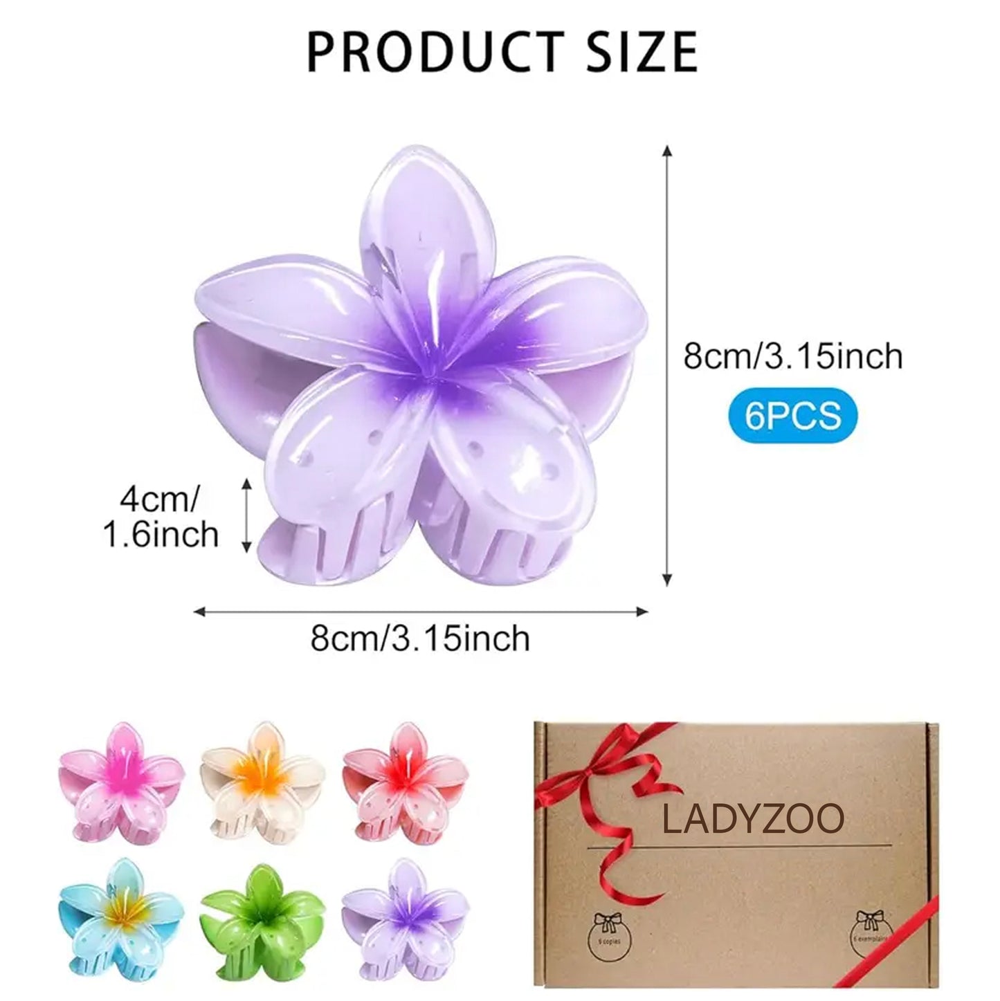 Lady zoo Flower Hair Clips 6pcs Hawaiian Claw Clips for Vacation Hibiscus Hair Claw Clips Cute Large Hair Clips for Thick and Thin Hair