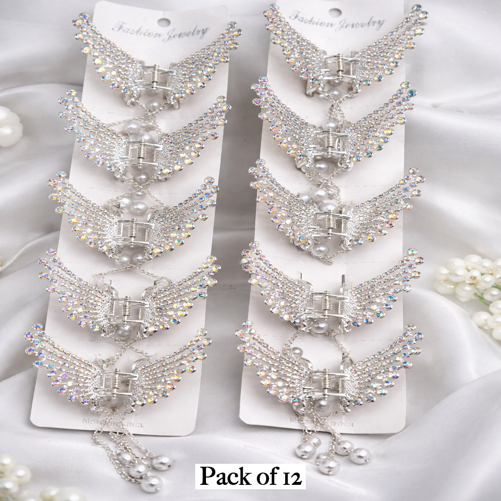 Luxury Crystal Angel Wing Hair Claw Clips – Pack of 12 Silver Rhinestone Hair Accessories