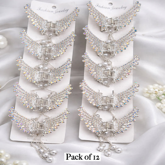 Luxury Crystal Angel Wing Hair Claw Clips – Pack of 12 Silver Rhinestone Hair Accessories