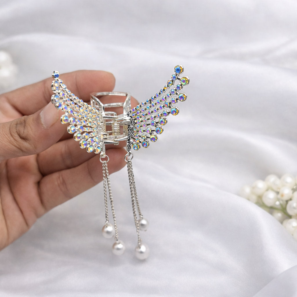 Luxury Crystal Angel Wing Hair Claw Clips – Pack of 12 Silver Rhinestone Hair Accessories