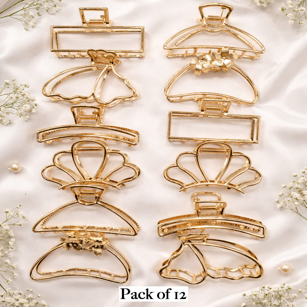 Elegant Gold Metal Claw Clips Set – Pack of 12 Geometric & Floral Hair Clamps for Women