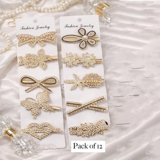 Luxury Rhinestone Hair Clip Set – Pack of 12 Gold Crystal Barrettes for Women