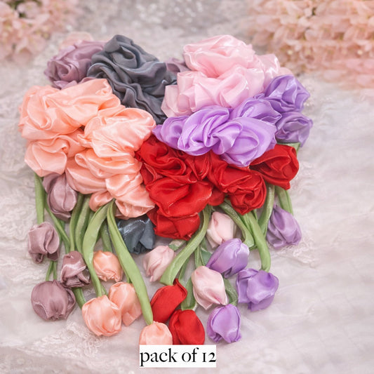 Pack of 12 Satin Flower Hair Scrunchies Set – Soft Pastel & Classic Colors