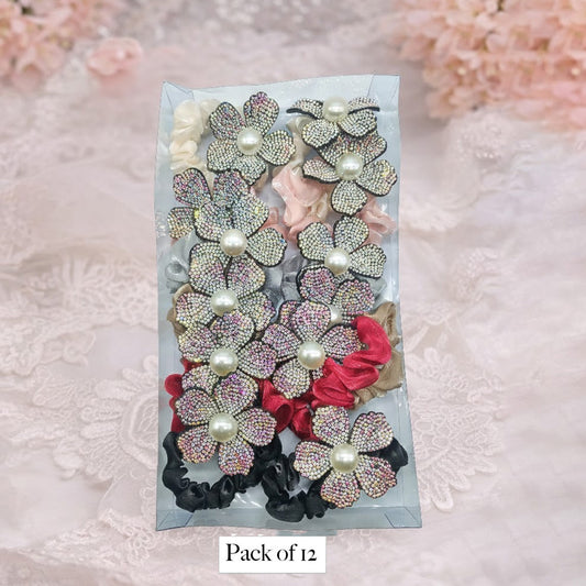Pack of 12 Pearl & Rhinestone Floral Hair Scrunchies Set