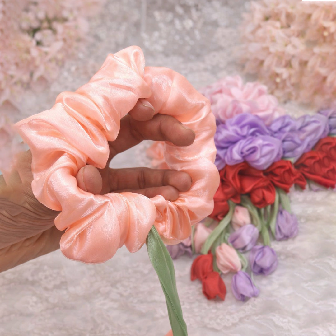 Pack of 12 Satin Flower Hair Scrunchies Set – Soft Pastel & Classic Colors
