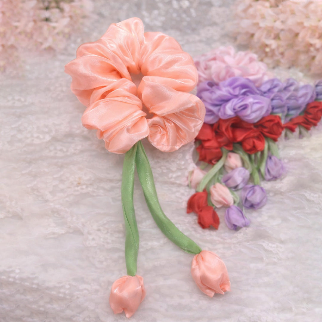Pack of 12 Satin Flower Hair Scrunchies Set – Soft Pastel & Classic Colors