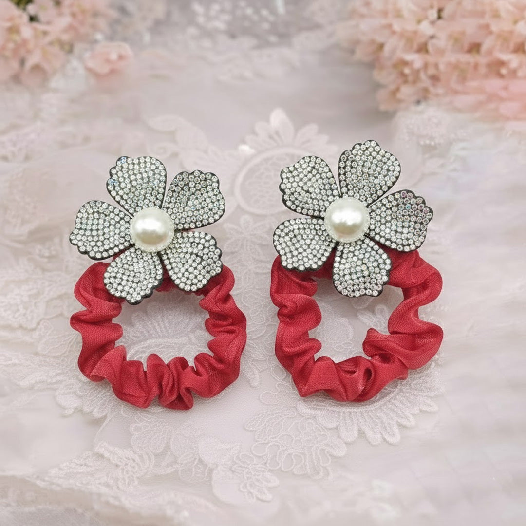Pack of 12 Pearl & Rhinestone Floral Hair Scrunchies Set